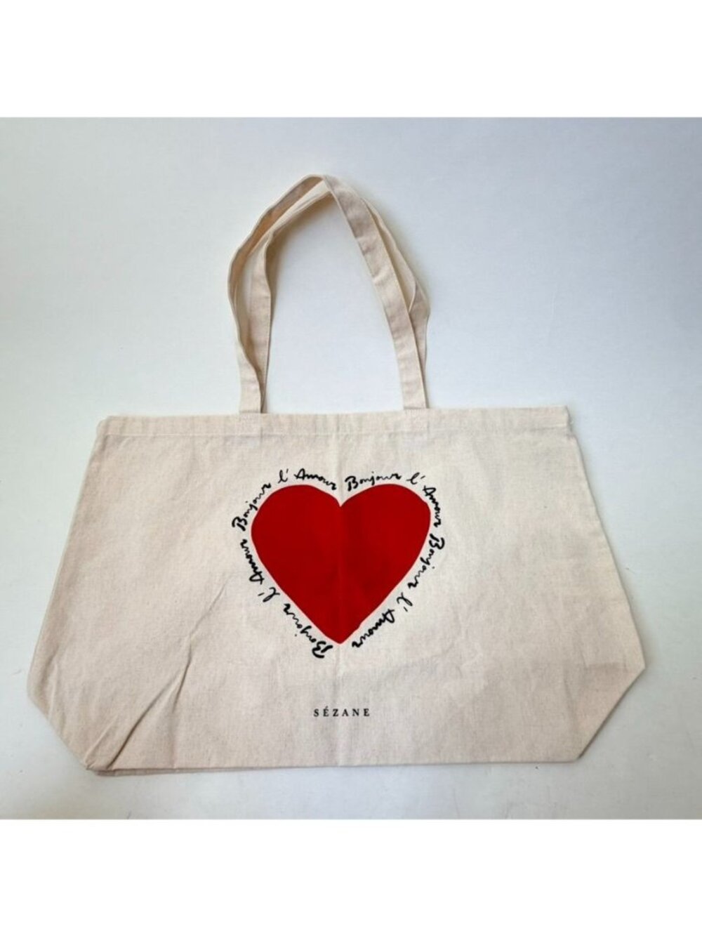 Sézane Bonjour L'Amour Canvas Tote Bag Red Heart Ivory French Designer Shopper